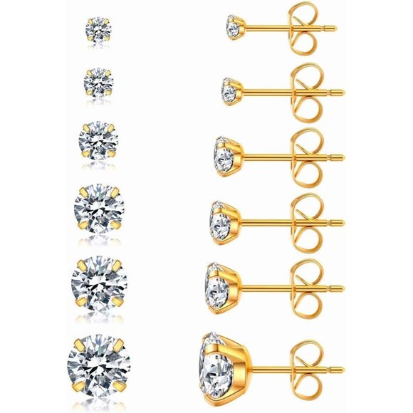 6 set stud-GD 14K Gold Plated Huggie Cubic Zirconia Hoop Earrings for Women - Picture 1 of 6